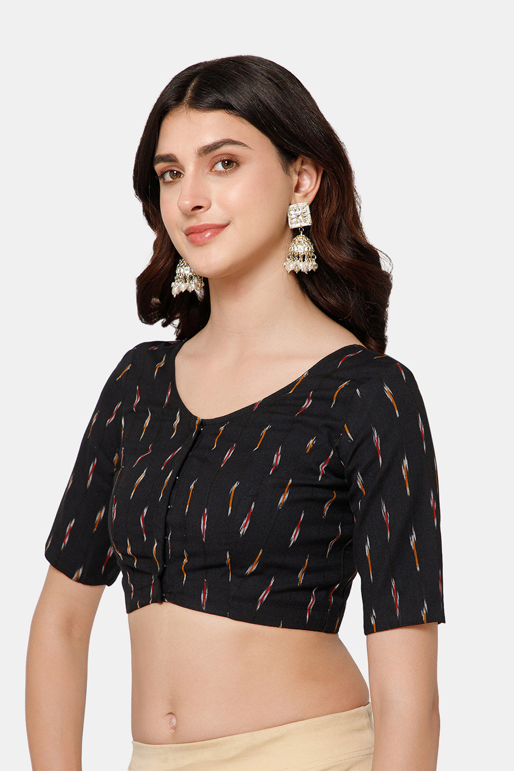 Naidu Hall Women’s Princess Cut Printed Readymade Saree Blouse U-Neck Front Open with Elbow Sleeves & Princess Cut | Elegant Everyday & Ethnic Wear - BU17