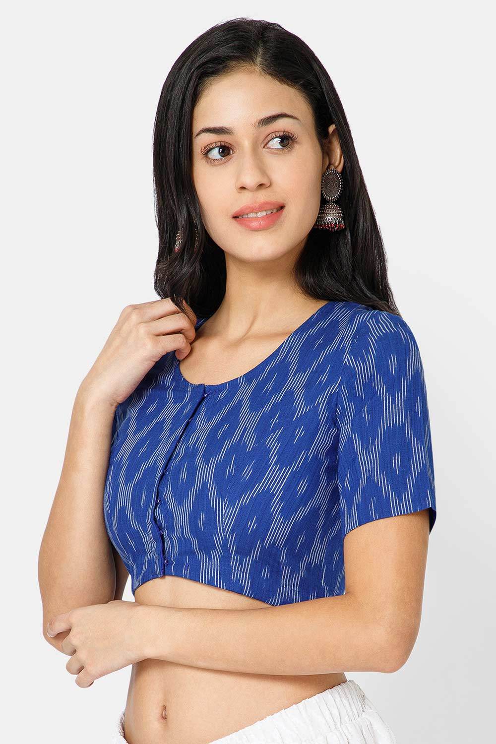 Naidu Hall Women’s Designer Cotton Ikat Blouse V-Neck Front Open with Elbow Sleeves - Blue - BU16 - Naidu Hall Family Store