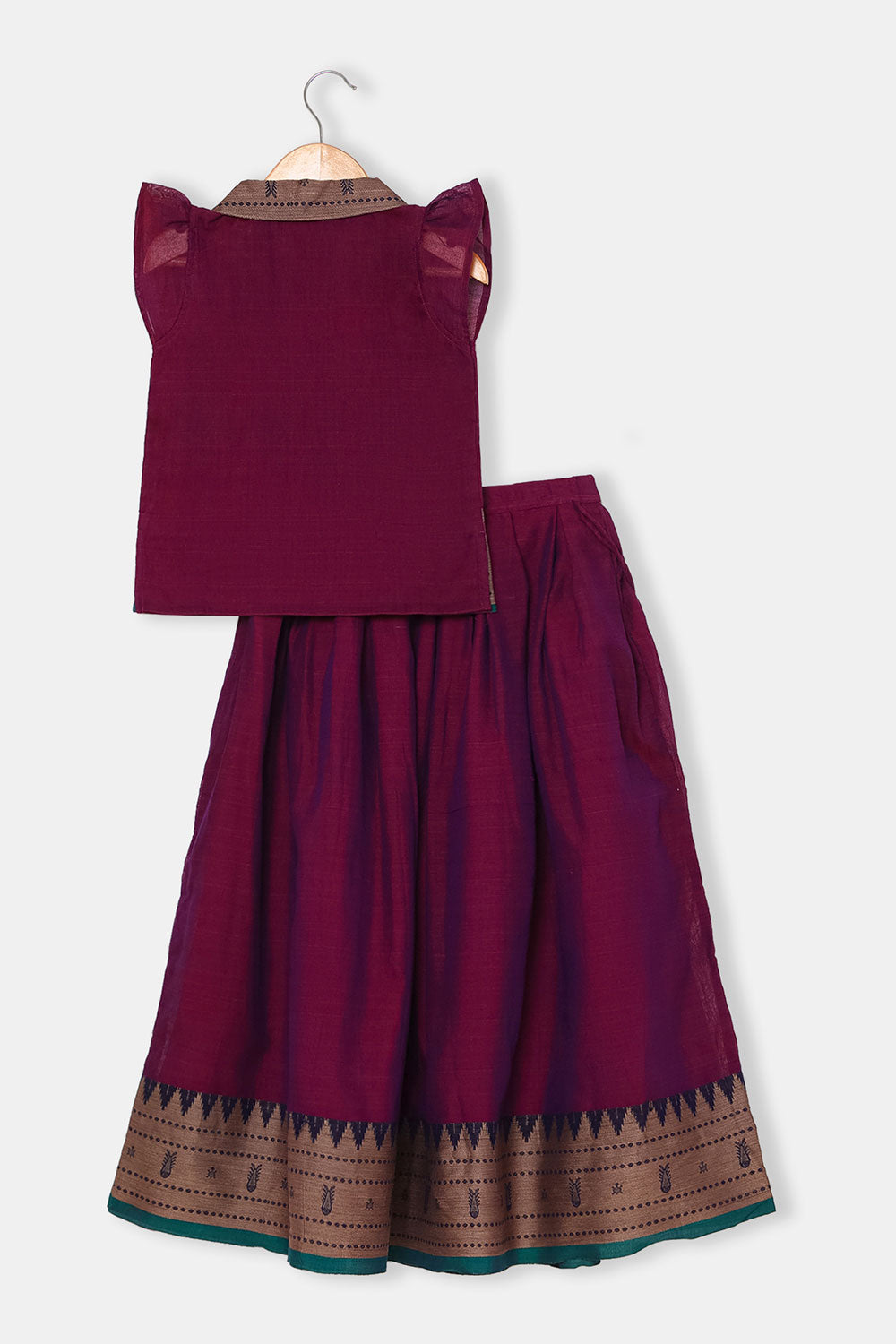 Chittythalli Girls Ethnic Pavadai Set – Hand Embroidered Fish Blouse with Box Pleated Skirt & Tassels - Purple - PS86