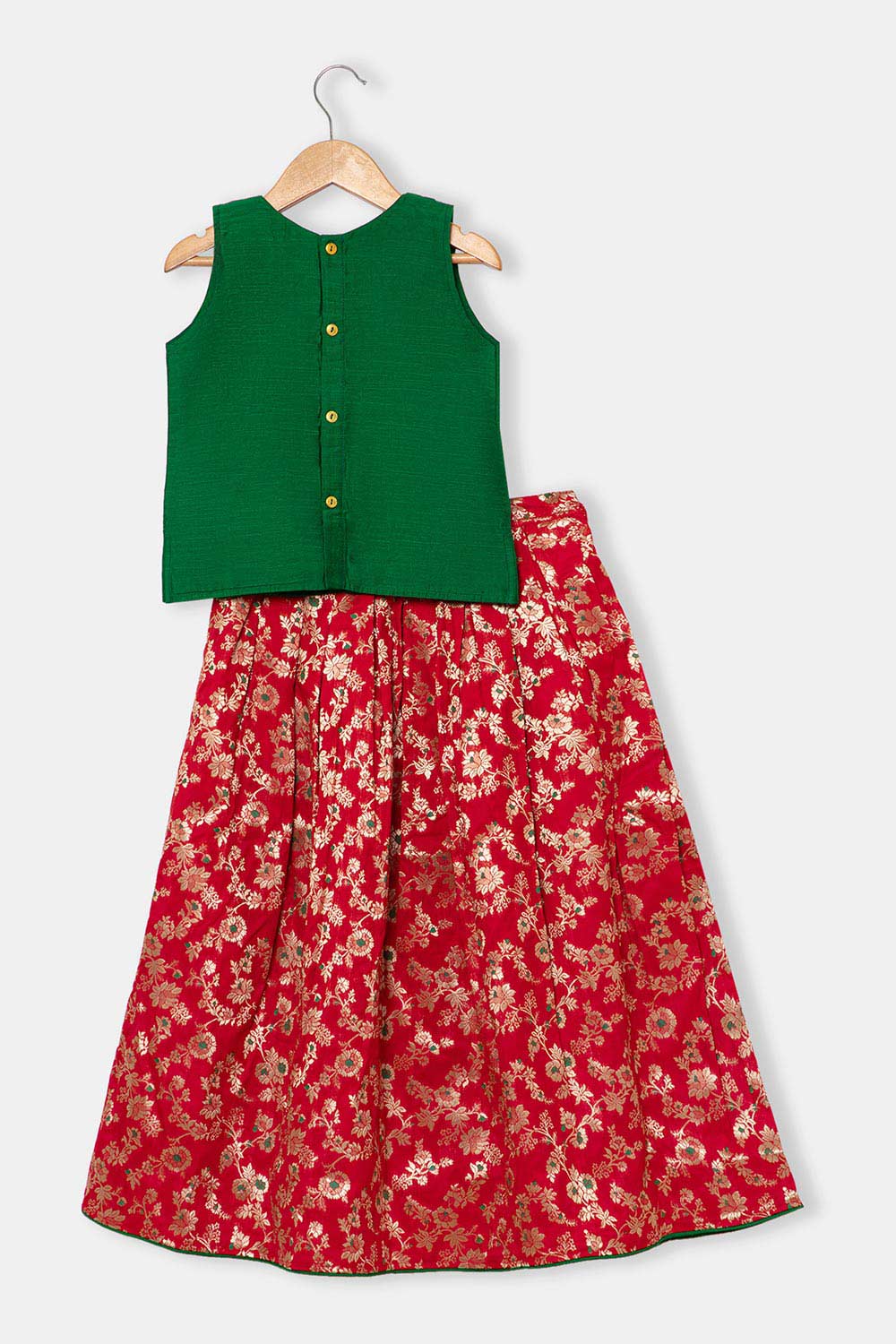 Chittythalli Girls Pavadai Set – Cotton Blouse with Brocade Collar & Zari Embroidery, Box Pleated Skirt - Green - PS80