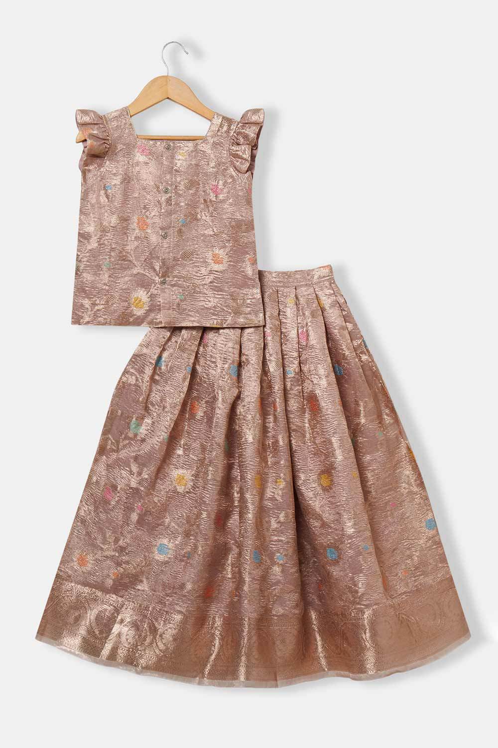 Chittythalli Girls Traditional Pavadai Set – Sweetheart Neck Pleated Top with Box-Pleated Skirt | Ethnic Wear - Copper - PS81 - Naidu Hall Family Store