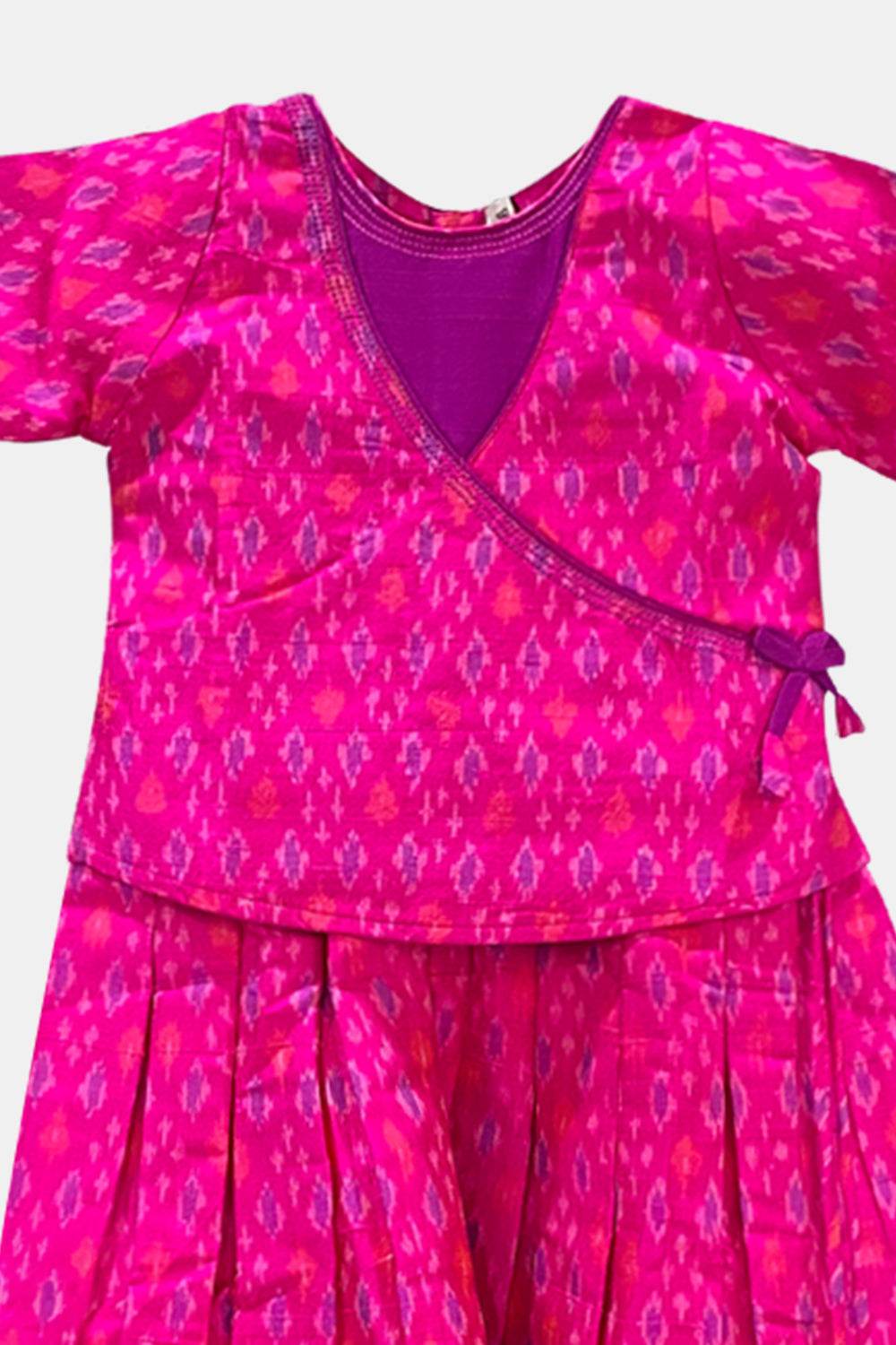 Chittythalli Traditional Pure Ikat Raw Silk Handloom Pavadai Set Wrap with Tie Sleeves & Flared Tassel Skirt - Pink - PS84 - Naidu Hall Family Store