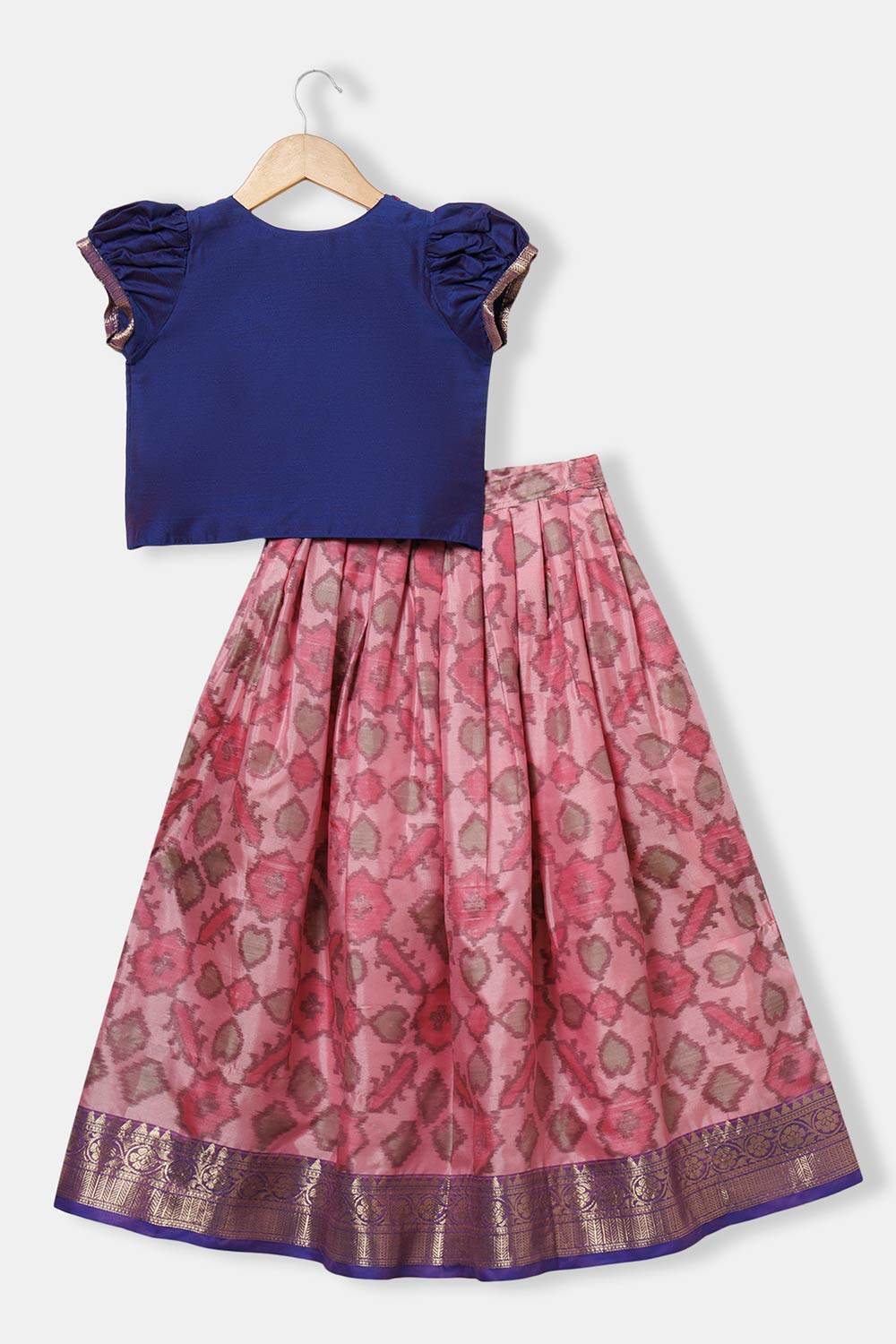 Chittythalli Girls’ Pavadai Set – V-Neck Embroidered Top with Puff Sleeves & Box-Pleated Brocade Skirt - Purple - PS38 - Naidu Hall Family Store