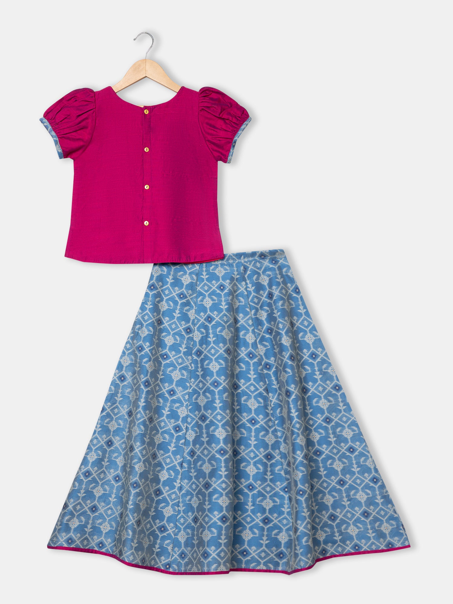 Chittythalli Round Neck Puff Sleeve Top with Embroidery & Tassel Detailed Kali Skirt - Magenta - PS78