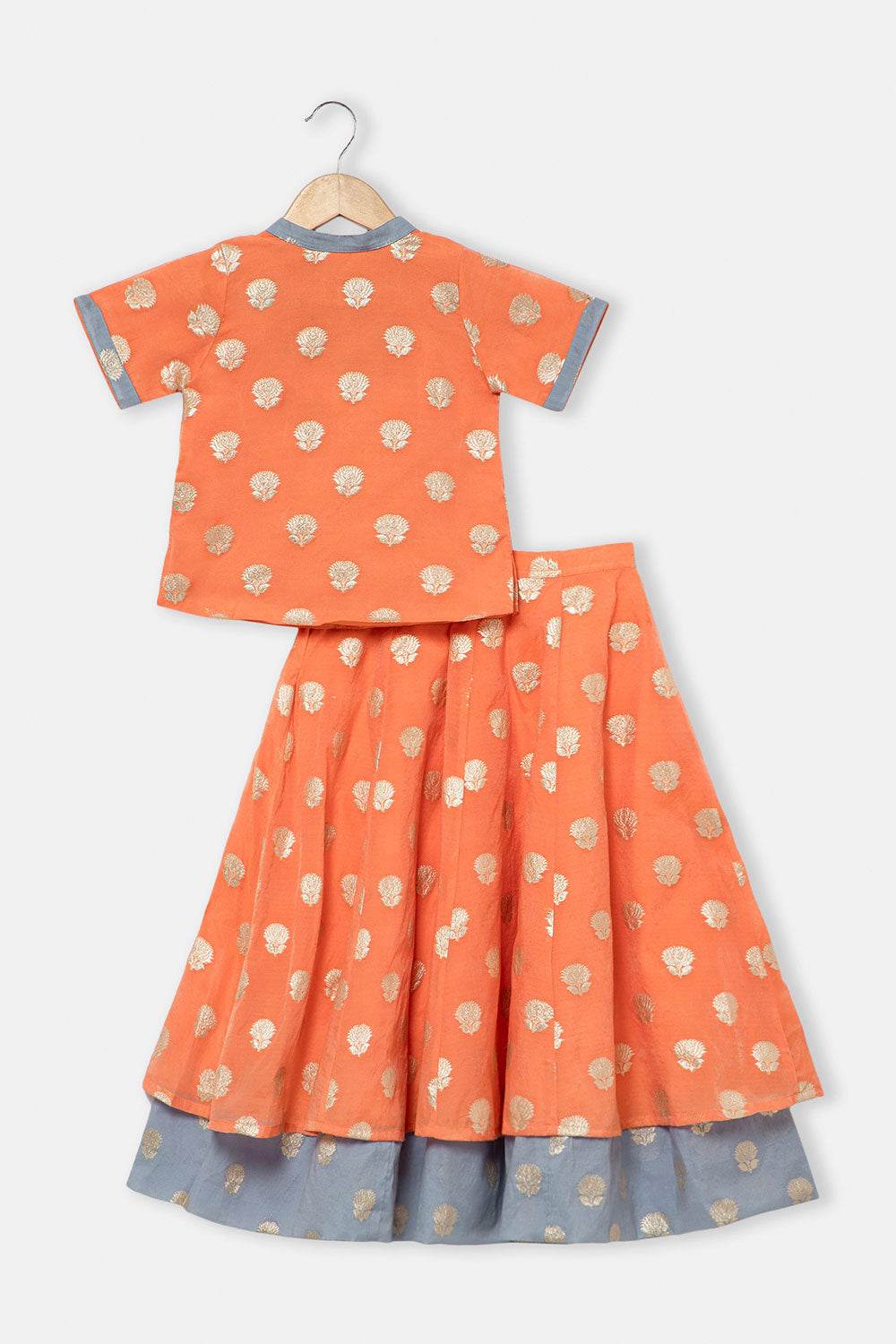 Chittythalli Girls Traditional Pavadai Set with Mandarin Collar Top and Double Layered Flared Skirt - Orange - PS70 - Naidu Hall Family Store
