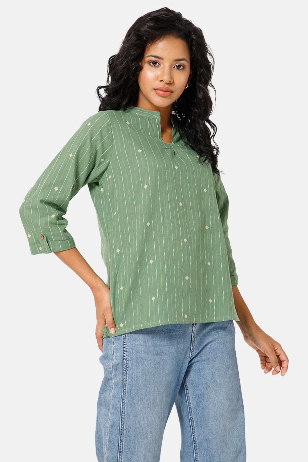 Mythri Manderian Collar 3/4th Sleeve Tab Top - Green - TO04