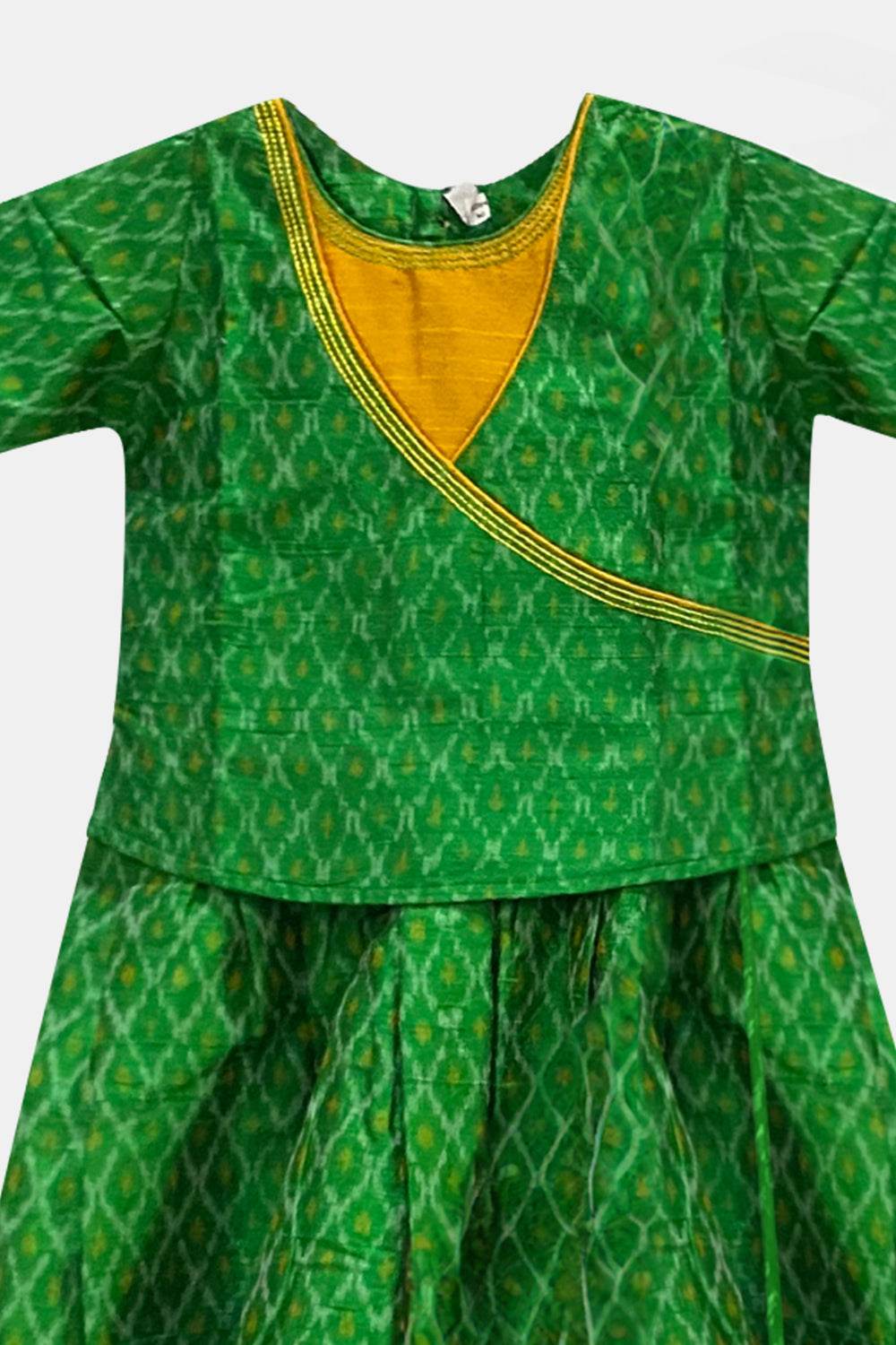 Chittythalli Traditional Pure Ikat Raw Silk Handloom Pavadai Set Wrap with Tie Sleeves & Flared Tassel Skirt - Green - PS84 - Naidu Hall Family Store