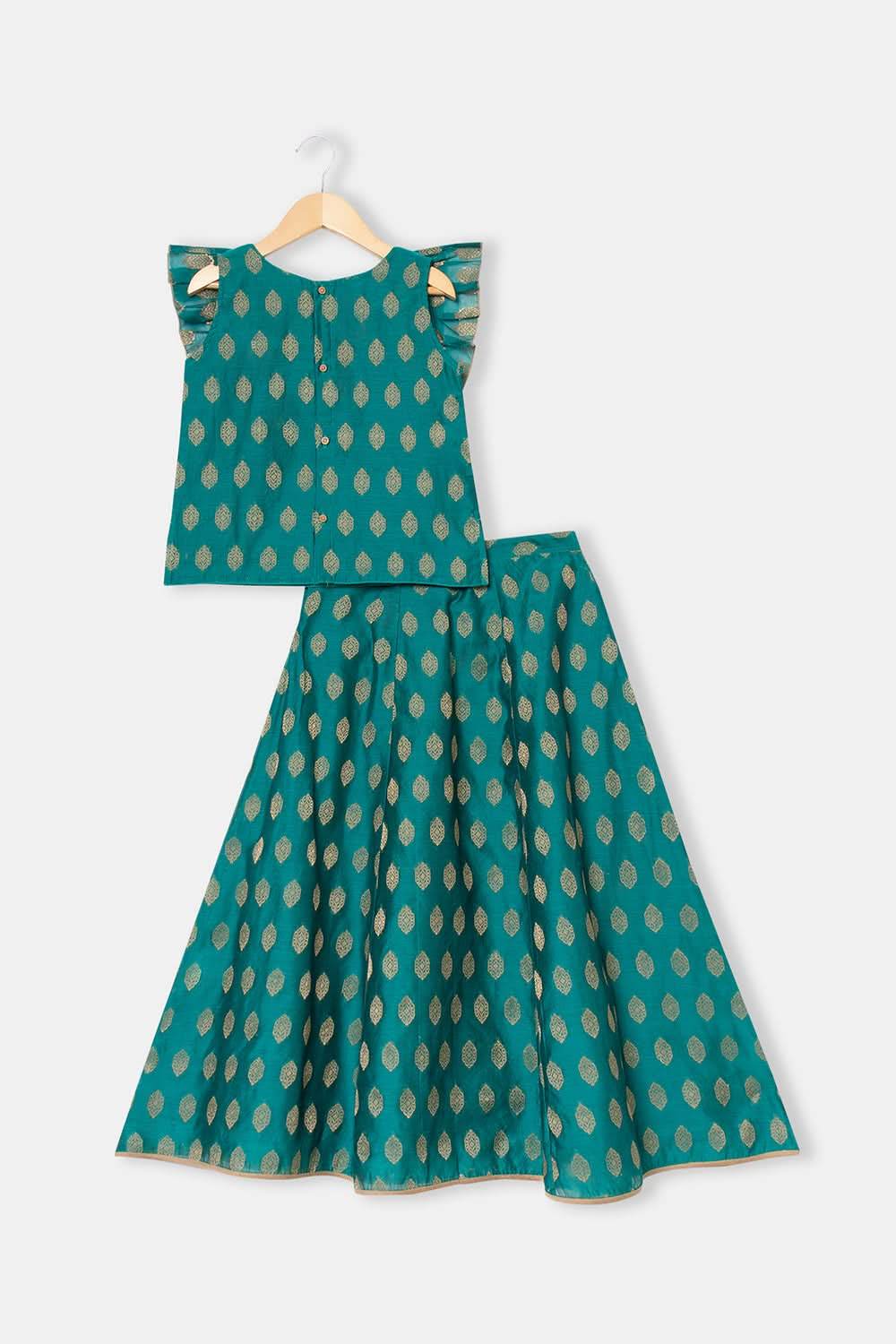 Chittythalli Girls Pavadai Set with Two-Layer Ruffle Top & Tassel-Detail Kali Skirt - Teal Green - PS79 - Naidu Hall Family Store