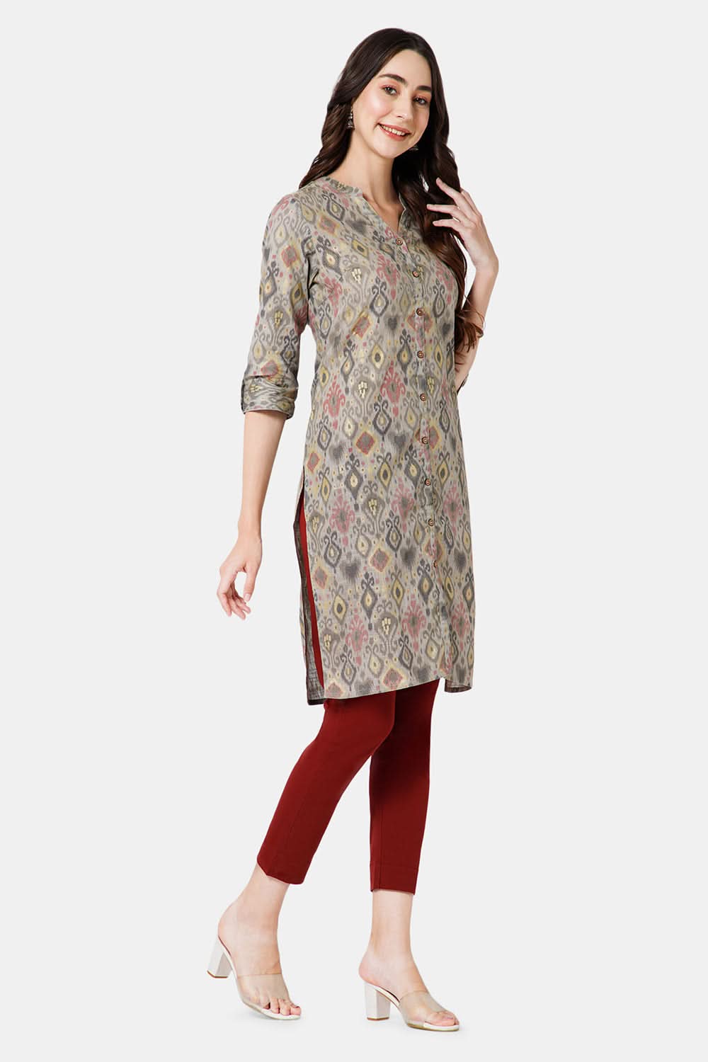 Mythri Women's Ethnic Wear Mandarin collar 3/4 sleeve with front Full placket styling - Grey - KU37