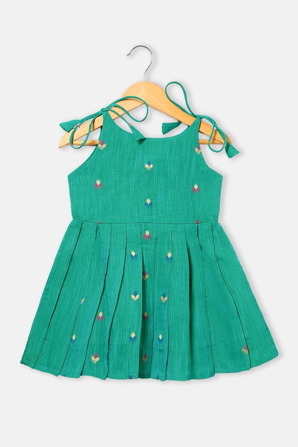 Chittythalli Girls’ Ethnic Frock – Angarkha Cut Top with Chain Stitch Embroidery & Knife Pleated Skirt - Green - FR39 - Naidu Hall Family Store