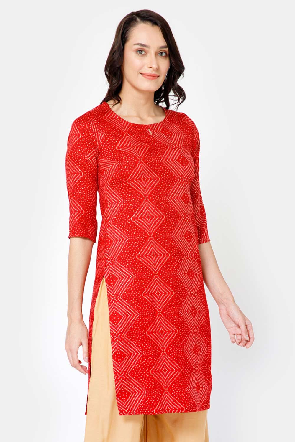 Mythri Women Knee Length Straight Kurtha - Red - KU44