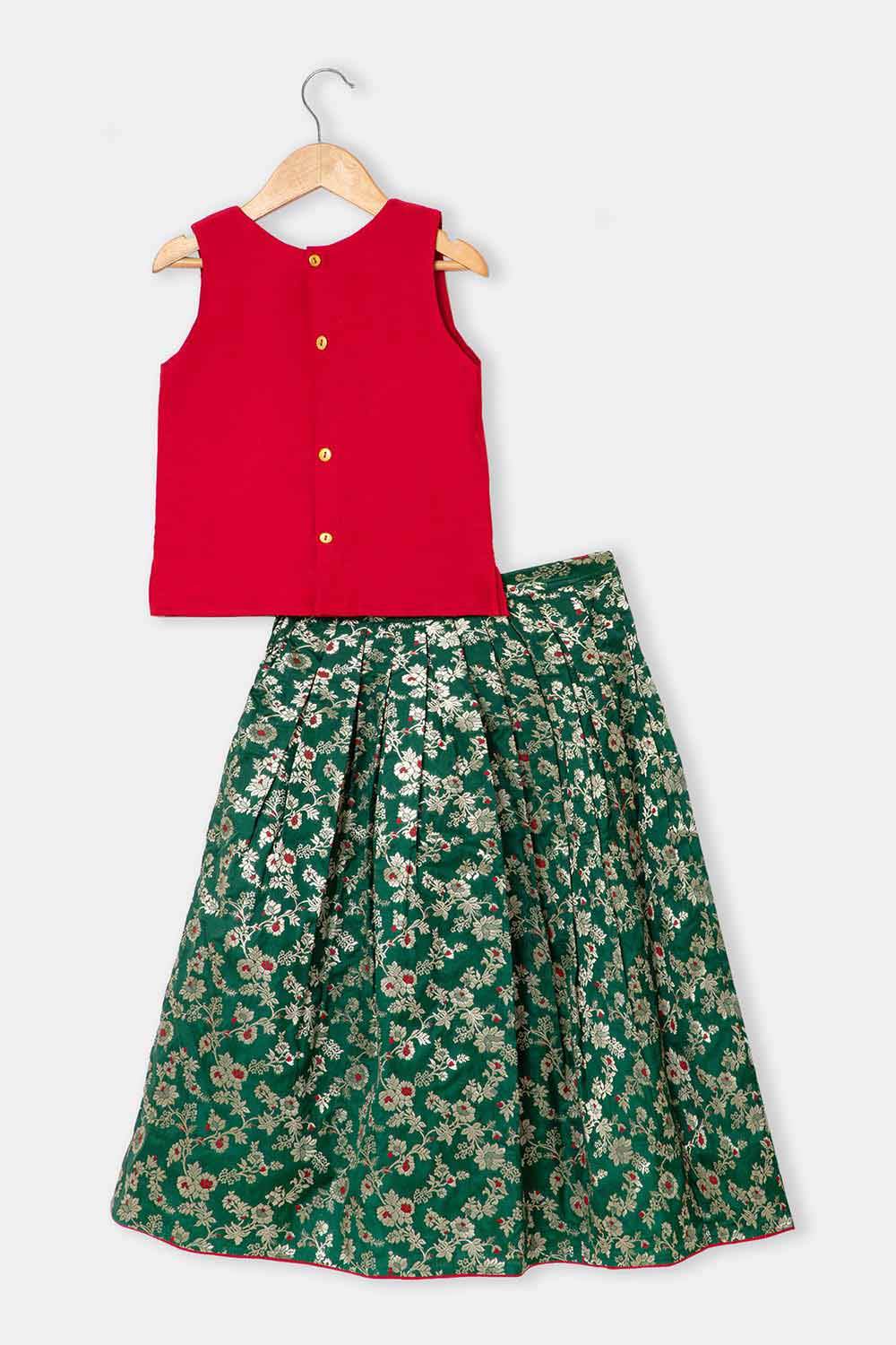 Chittythalli Girls Pavadai Set – Cotton Blouse with Brocade Collar & Zari Embroidery, Box Pleated Skirt - Red - PS80 - Naidu Hall Family Store