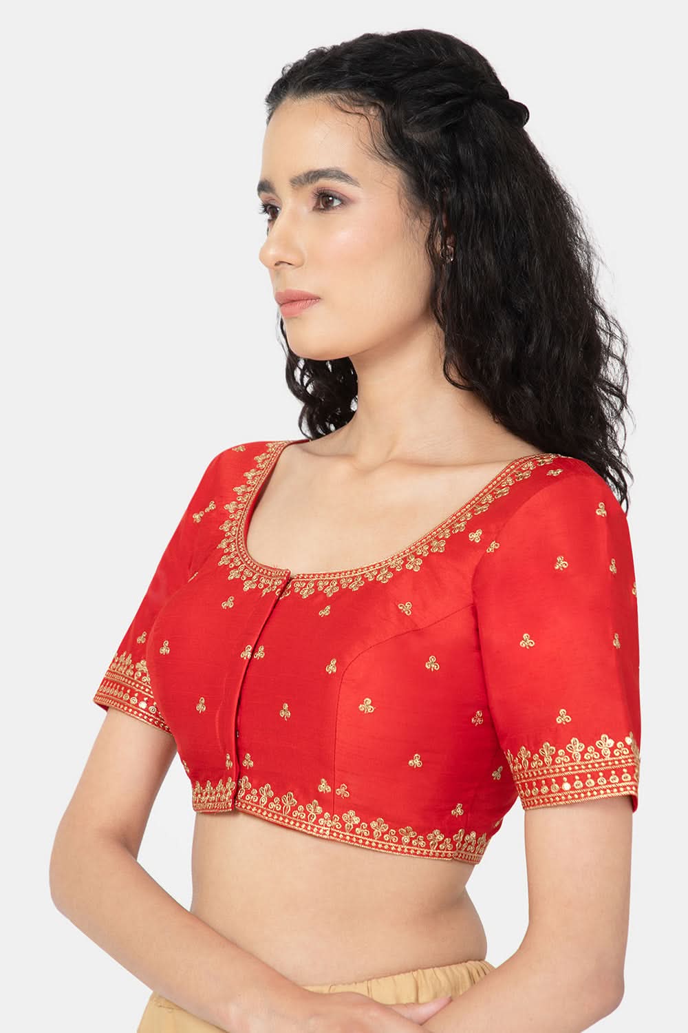 Naidu Hall Ethnic Saree Blouse with U-Neck Elbow Sleeves - Red