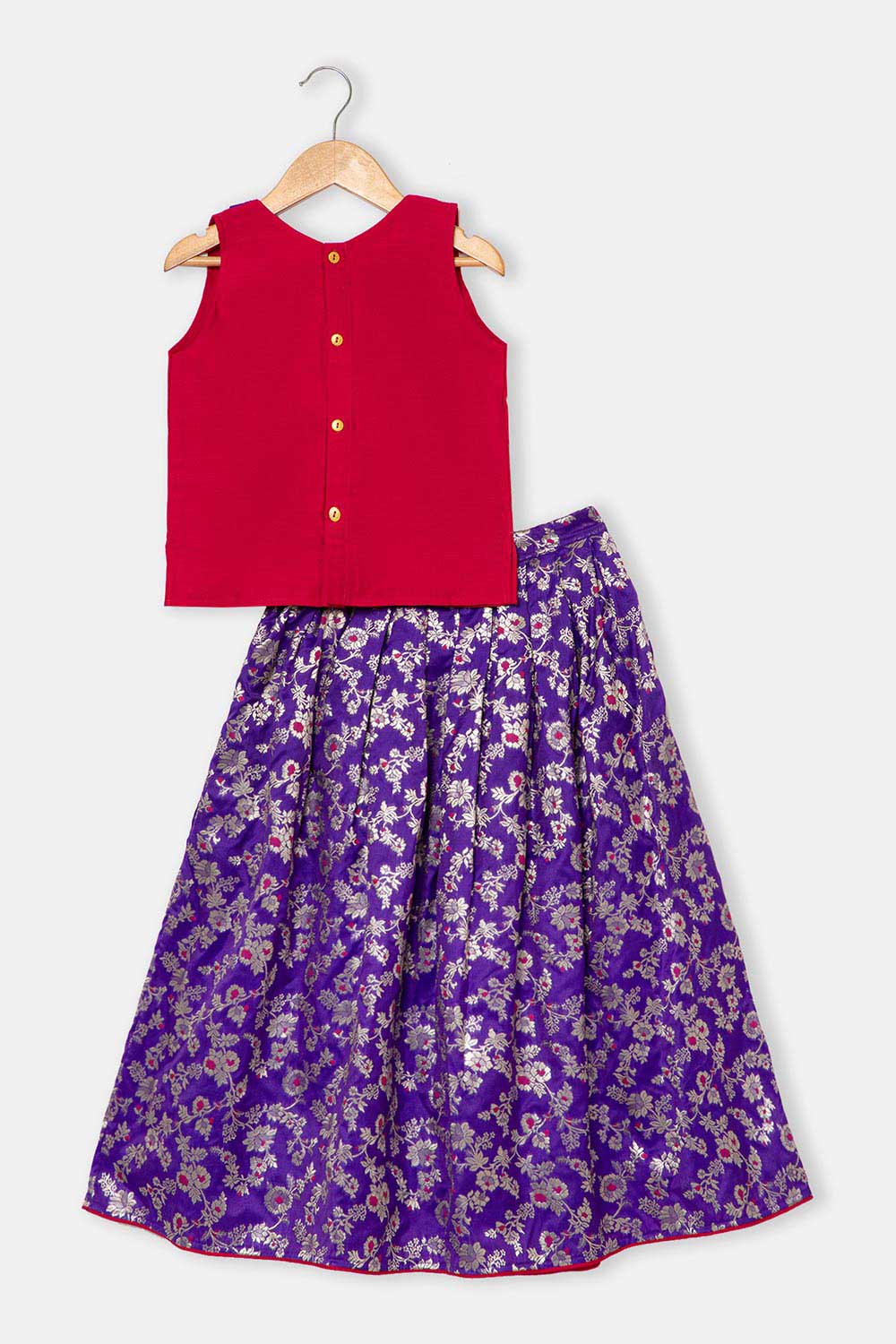 Chittythalli Girls Pavadai Set – Cotton Blouse with Brocade Collar & Zari Embroidery, Box Pleated Skirt - Pink - PS80