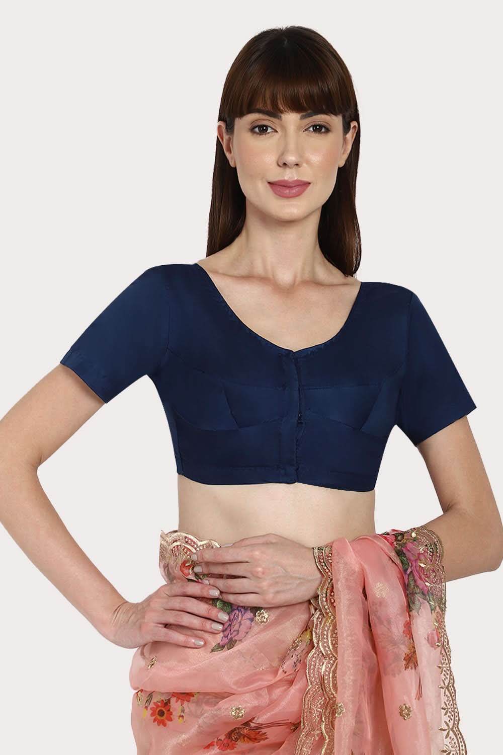 Naidu Hall Round neck Silk Cotton short sleeve blouse - Navy blue - Naidu Hall Family Store