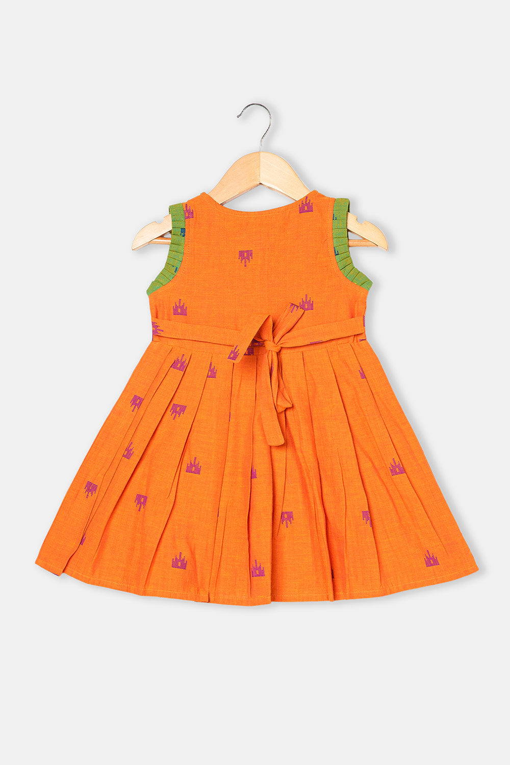 Chittythalli Girls Ethnic Frock Cotton Sleeveless Dress with Peter Pan Collar, Knife Pleats and Gathered Skirt- Orange - FR40