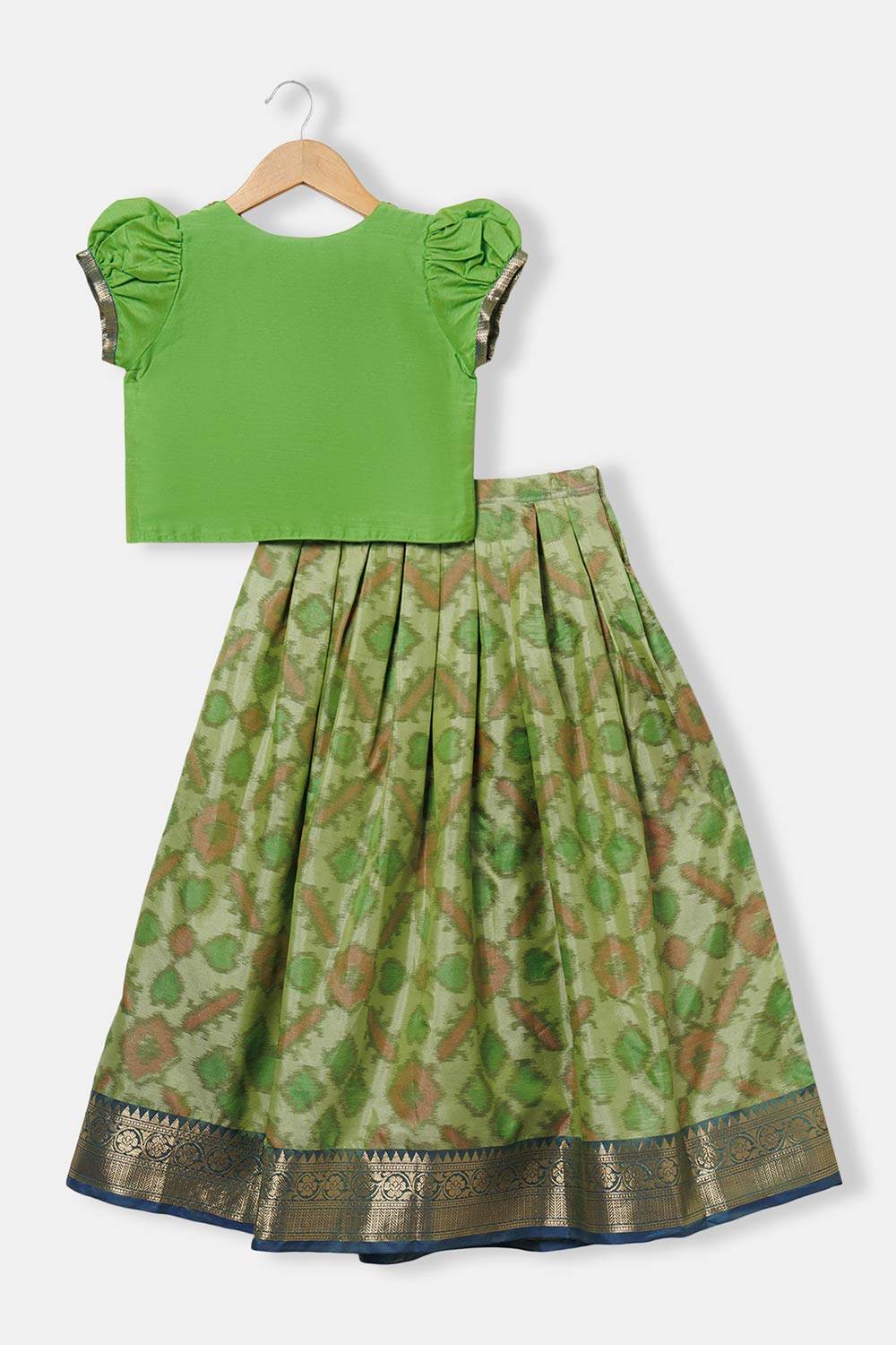 Chittythalli Girls’ Pavadai Set – V-Neck Embroidered Top with Puff Sleeves & Box-Pleated Brocade Skirt - Green - PS38 - Naidu Hall Family Store