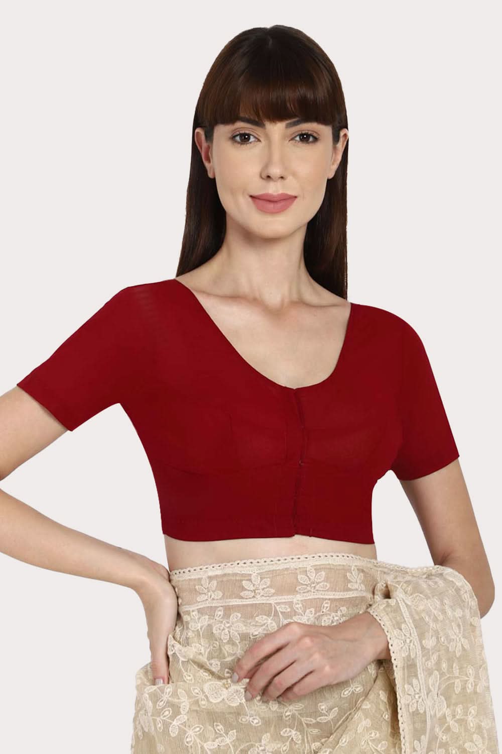 Naidu Hall Round neck short sleeve blouse - Light Maroon