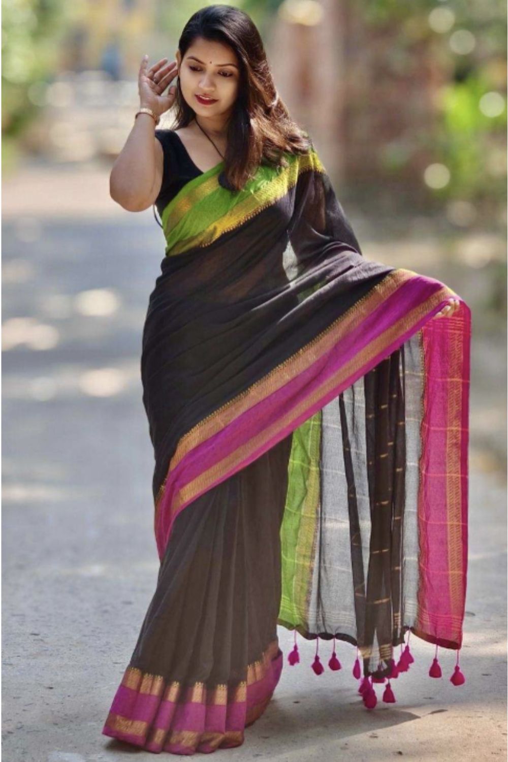 Naidu Hall Women's Black Mulmul Cotton Blend Jacquard Saree with Blouse | Lightweight Ethnic Wear Saree - R127