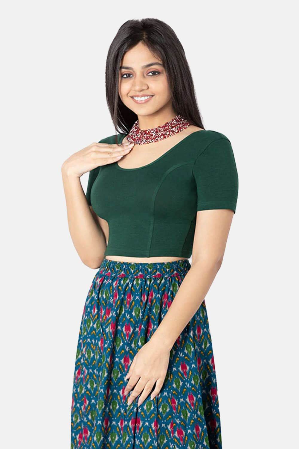Naidu Hall Full Coverage Non-Padded Knitted Blouse with Round Neck Princess Cut Short Sleeve - Bottle Green - Naidu Hall Family Store