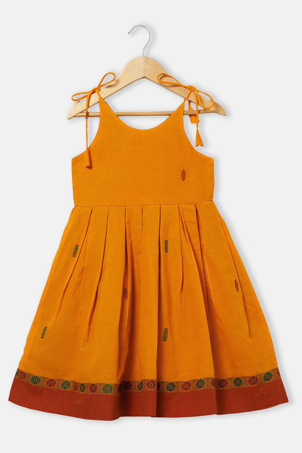 Chittythalli Girls’ Ethnic Frock – Sleeveless with Asymmetric Contrast Panel, Box Pleats & Zari Embroidery - Orange - FR41 - Naidu Hall Family Store