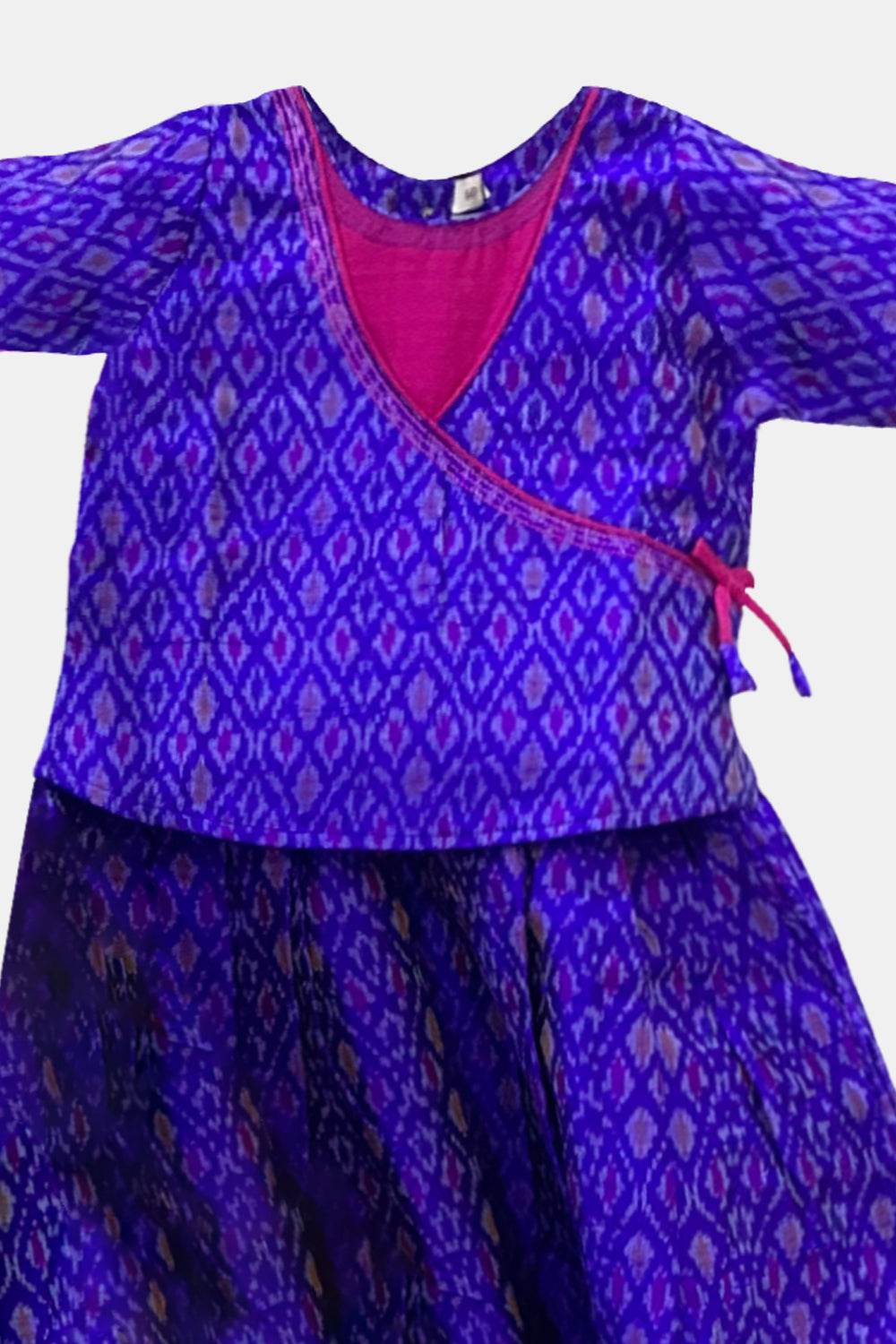 Chittythalli Traditional Pure Ikat Raw Silk Handloom Pavadai Set Wrap with Tie Sleeves & Flared Tassel Skirt - Violet - PS84 - Naidu Hall Family Store