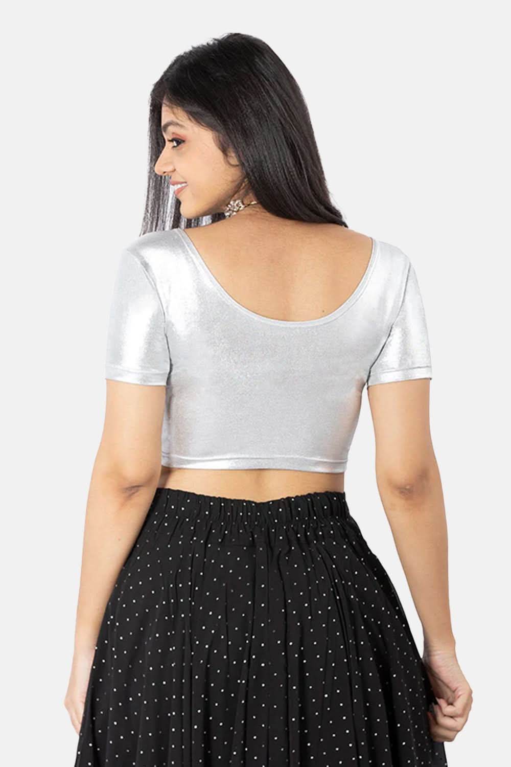 Full Coverage Non-Padded Knitted Blouse With Round Neck Princess Cut Short Sleeve - Silver - Naidu Hall Family Store