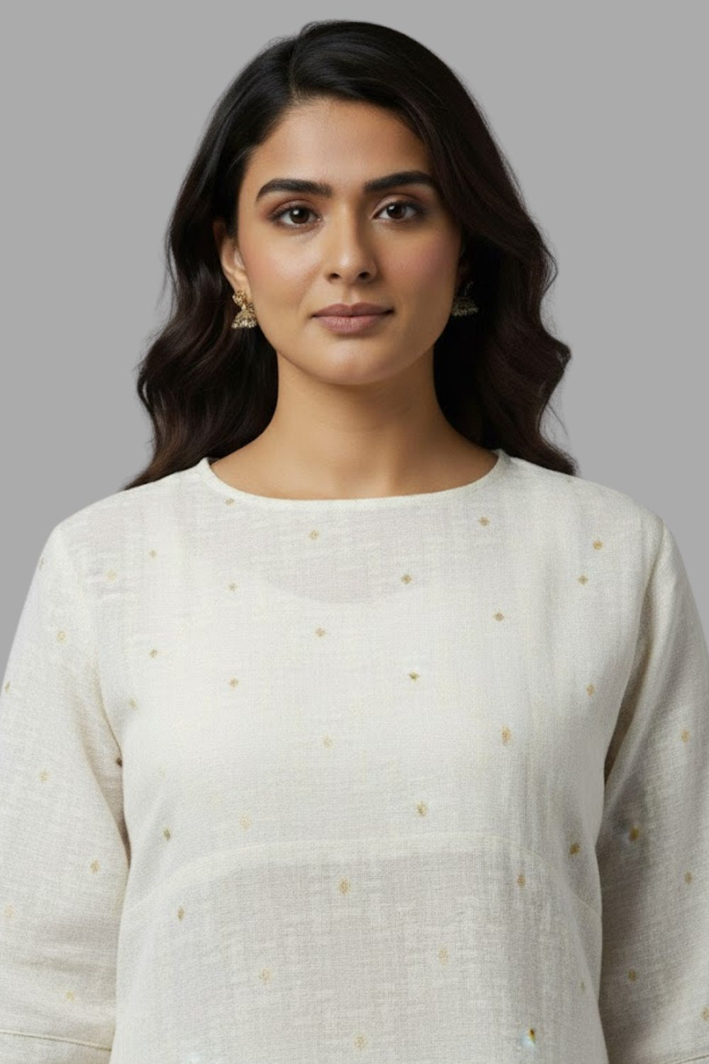 Mythri Women’s White Jacquard Chanderi Kurti – Gold Piping & Sheer Yoke Design - White Jacquard - KU97