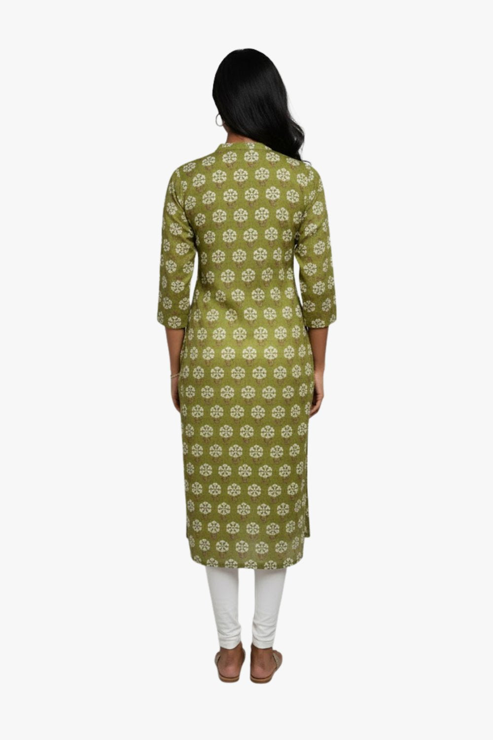 Mythri Women’s Cotton Straight Kurtha for Women – Mandarin Collar & 3/4th Sleeves Floral Butta Print - Green - C312