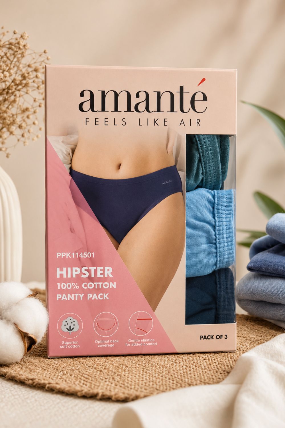 Amante Women's 100% Cotton Hipster Panties Pack of 3 – Mid Rise Breathable Everyday Underwear with Full Back Coverage - PPK114501