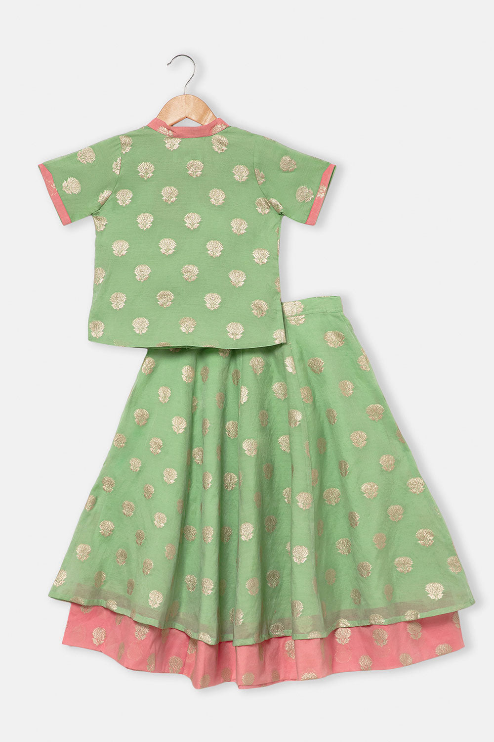 Chittythalli Girls Traditional Pavadai Set with Mandarin Collar Top and Double Layered Flared Skirt - Green - PS70