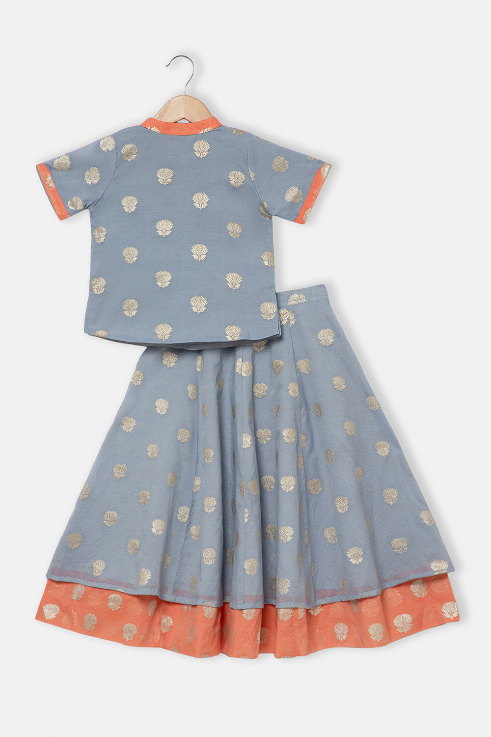 Chittythalli Girls Traditional Pavadai Set with Mandarin Collar Top and Double Layered Flared Skirt - Grey - PS70