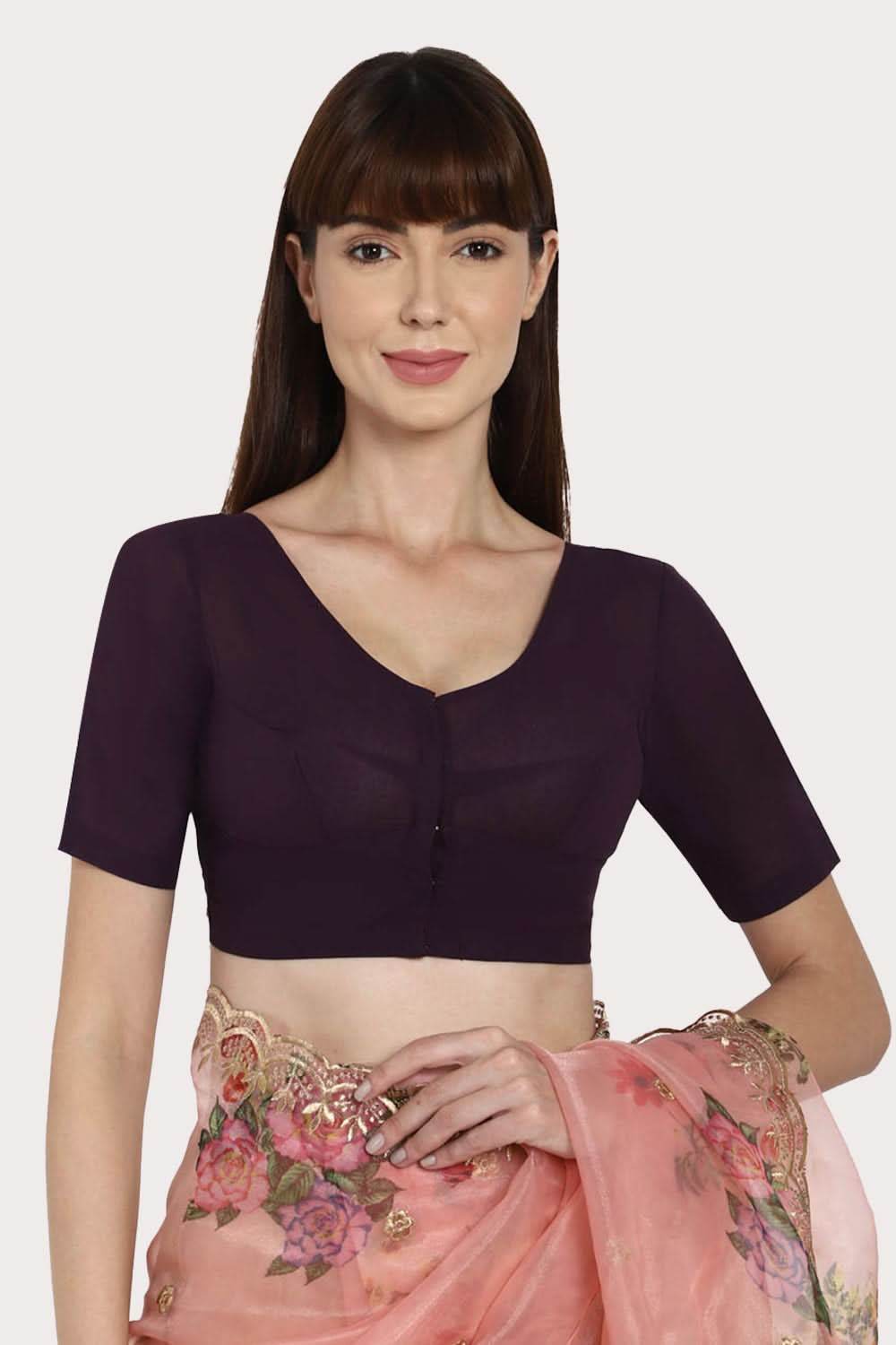 Naidu Hall Full Coverage Non-Wired Non-Padded Round Neck Long Sleeve Cotton Blouse - Dark Wine - Naidu Hall Family Store