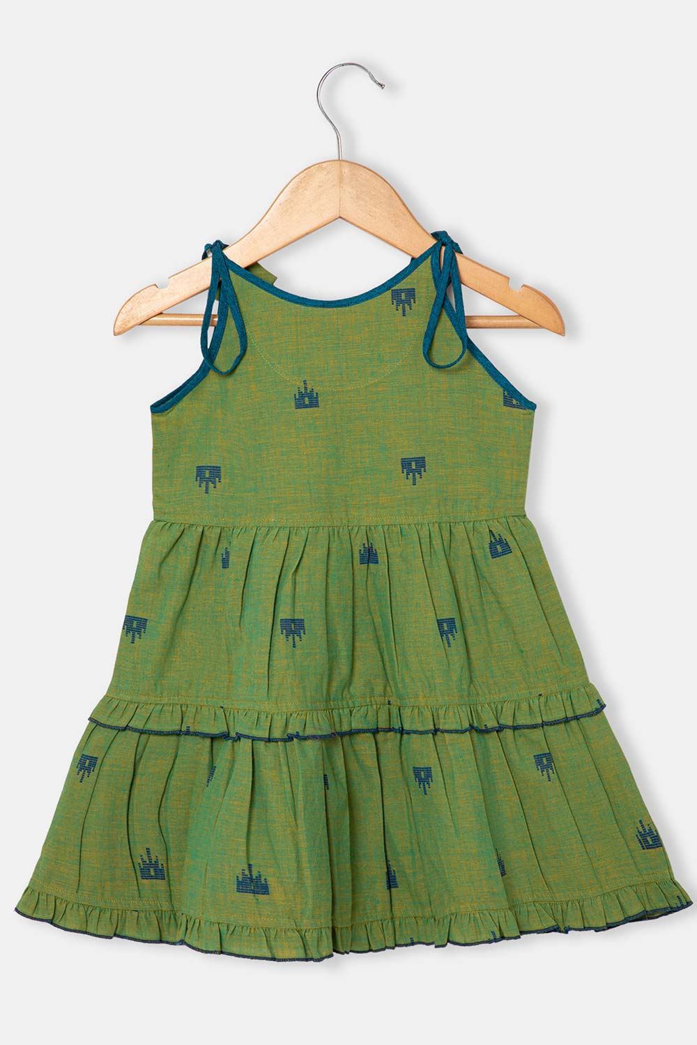 Chittythalli Girls Ethnic Layered Frock with Ruffles & Tassels – Handloom Butta Dress - Green - FR24
