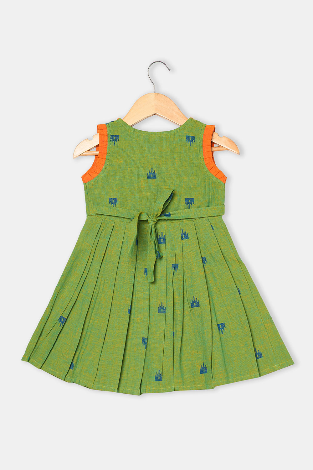 Chittythalli Girls Ethnic Frock Cotton Sleeveless Dress with Peter Pan Collar, Knife Pleats and Gathered Skirt- Dark Green - FR40
