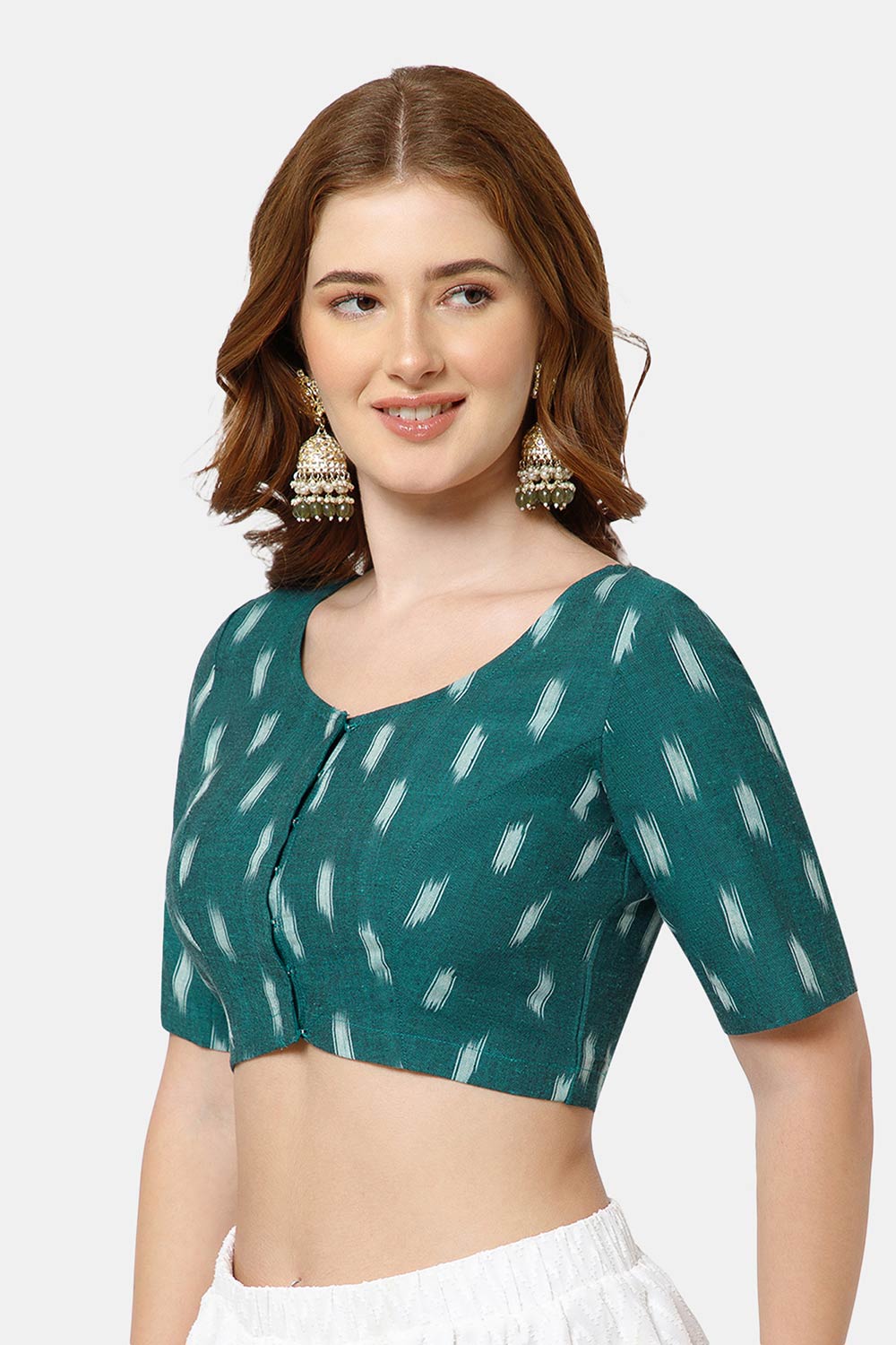 Naidu Hall Women’s Cotton Blouse | Woven U-Neck Ethnic Blouse with Elbow Sleeves & Front Closure - Teal Green - BU17