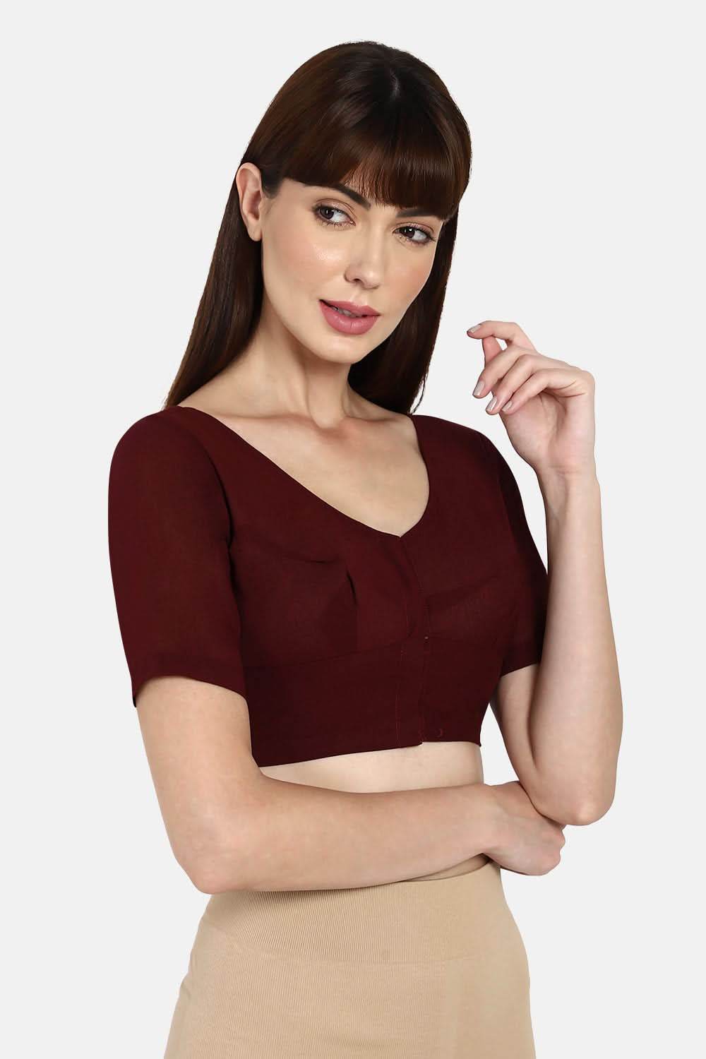 Naidu Hall Non-Wired Non-Padded Cotton Long Sleeve Blouse With Round Neck - Dark Maroon - Naidu Hall Family Store