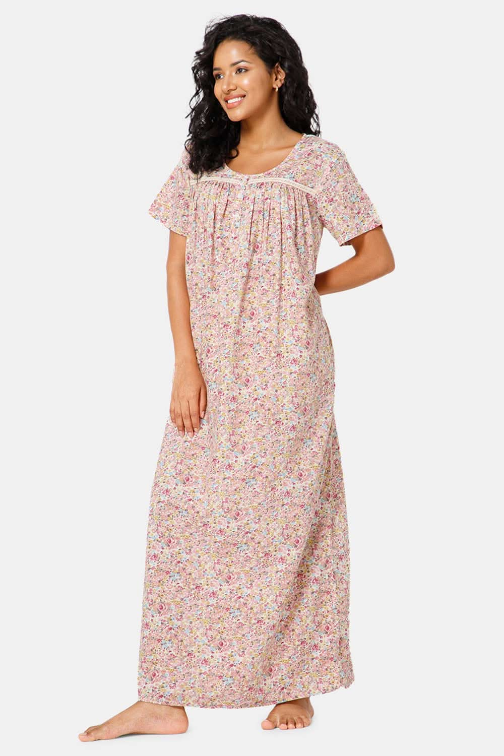 Naidu Hall Front Open Round Neck Short Sleeve Printed Nighty-Baby pink - NT11