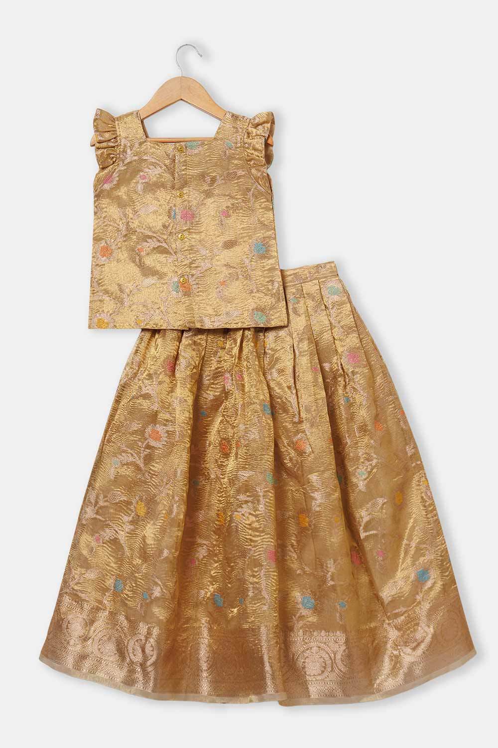 Chittythalli Girls Traditional Pavadai Set – Sweetheart Neck Pleated Top with Box-Pleated Skirt | Ethnic Wear - Gold - PS81 - Naidu Hall Family Store