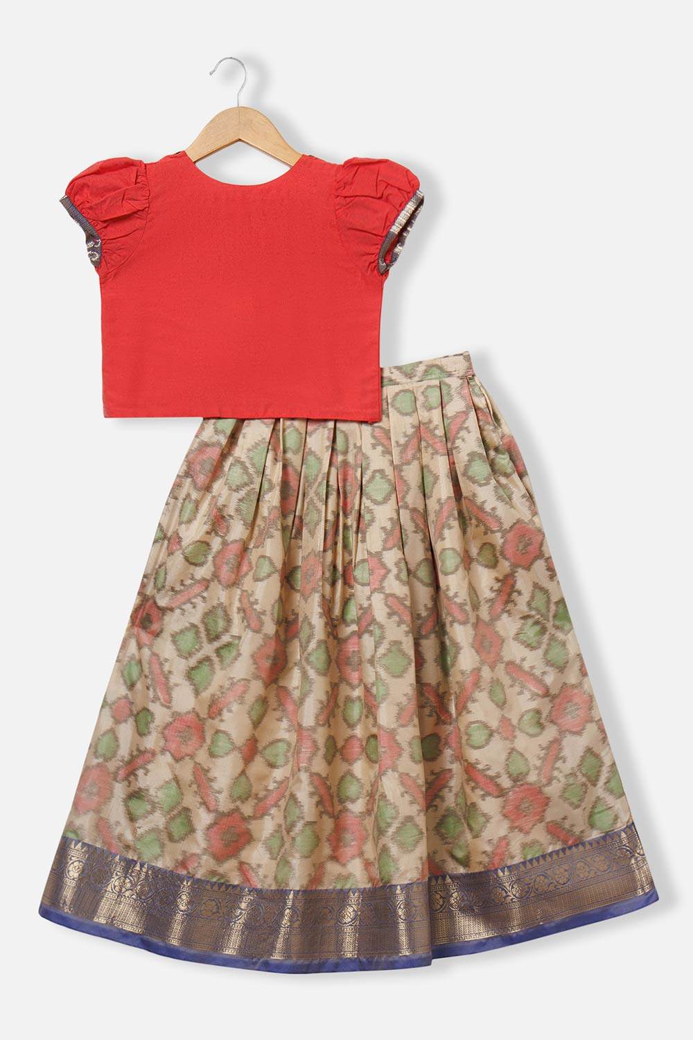 Chittythalli Girls’ Pavadai Set – V-Neck Embroidered Top with Puff Sleeves & Box-Pleated Brocade Skirt - Red - PS38 - Naidu Hall Family Store
