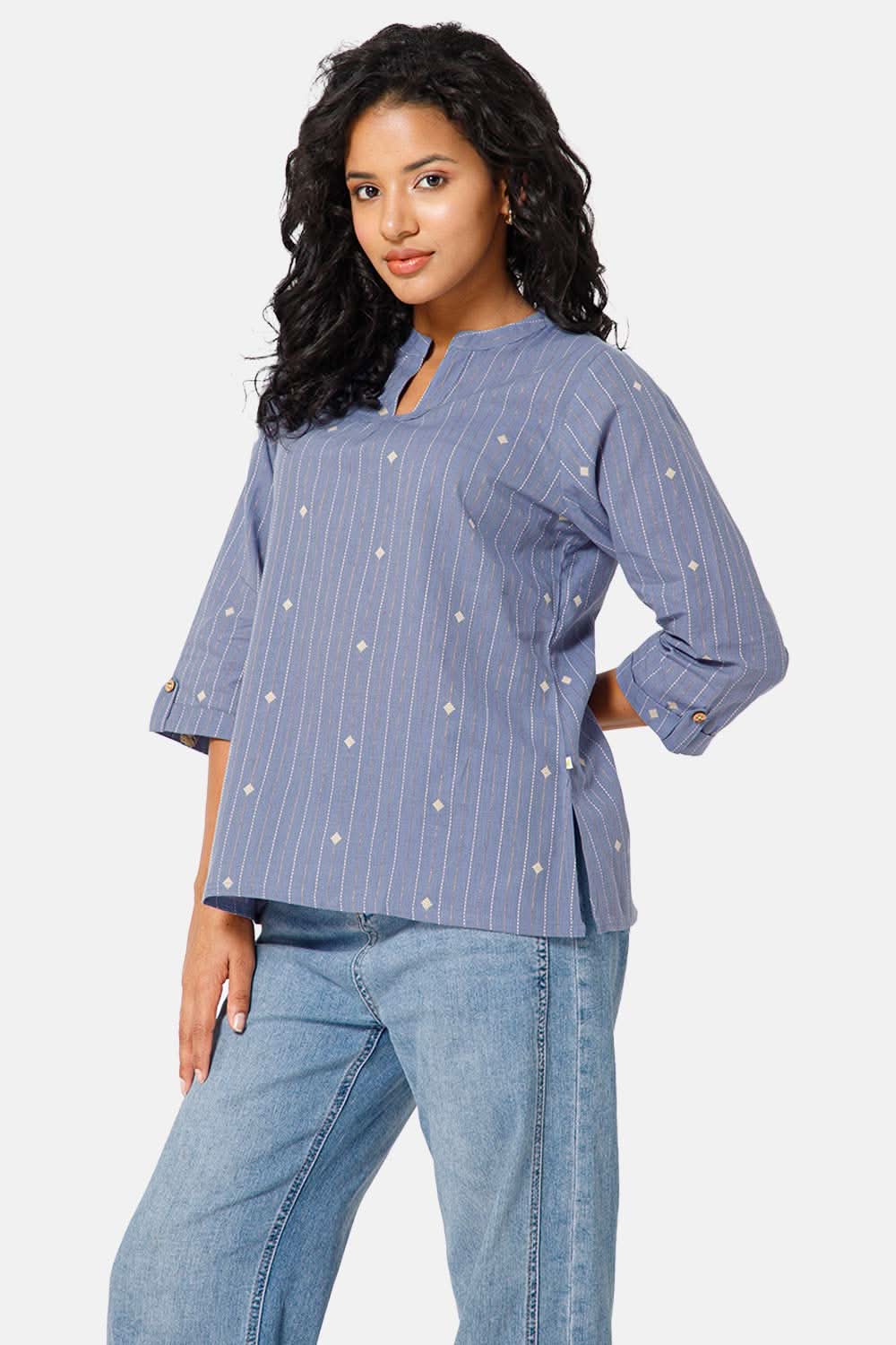 Mythri Manderian Collar 3/4th Sleeve Tab Top - Blue - TO04