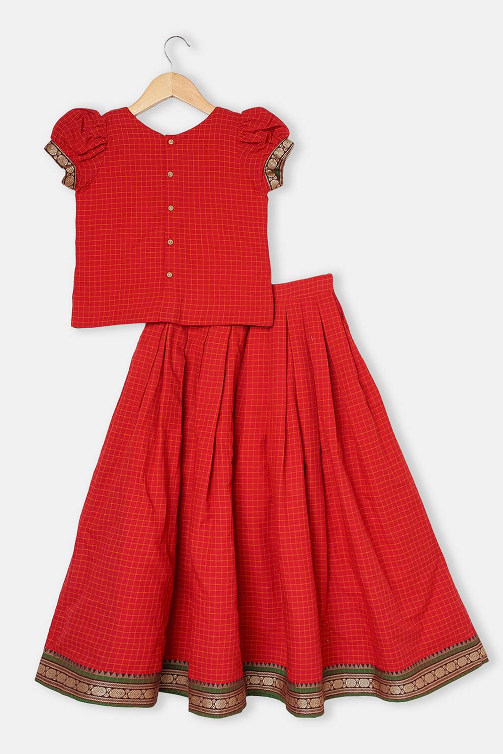 Chittythalli Girls Pavadai Set Cotton Ethnic Wear Mirror Work Puff Sleeve Top with Box Pleated Skirt- Red - PS88