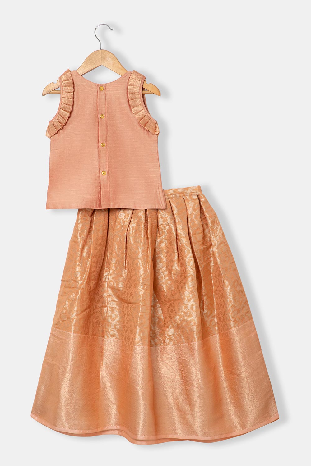 Chittythalli Girls Pavadai Set – Cotton Blend Box Pleated Skirt with Embroidered Butta Blouse - Peach - PS47