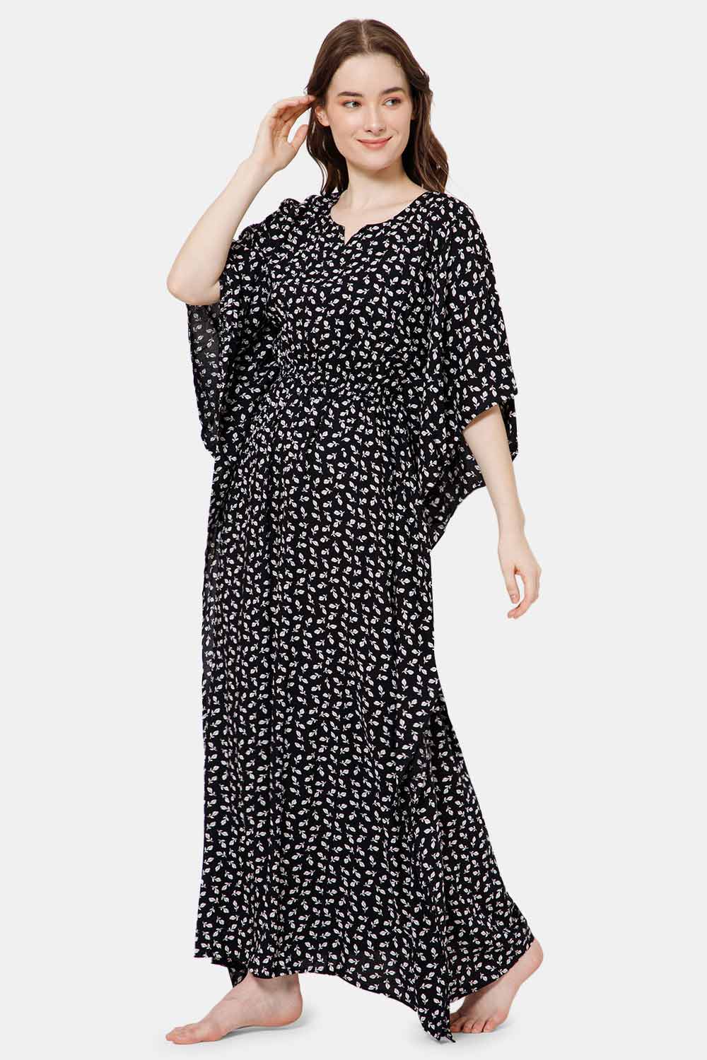 Naidu Hall Modern Printed Kaftan Style Nighty with Round Neck - Black print-2 - NT27