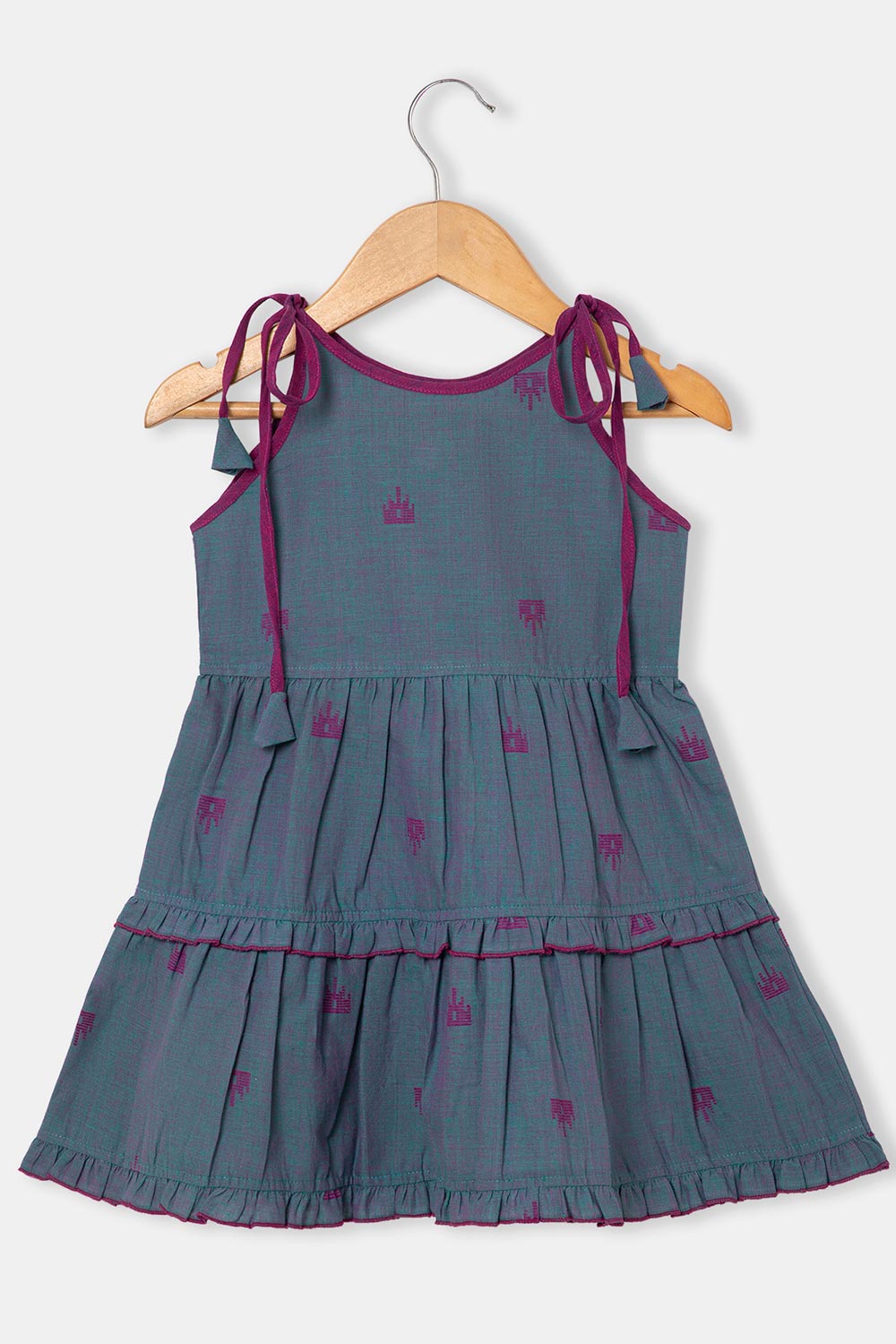 Chittythalli Girls Ethnic Layered Frock with Ruffles & Tassels – Handloom Butta Dress - Teal Green - FR24
