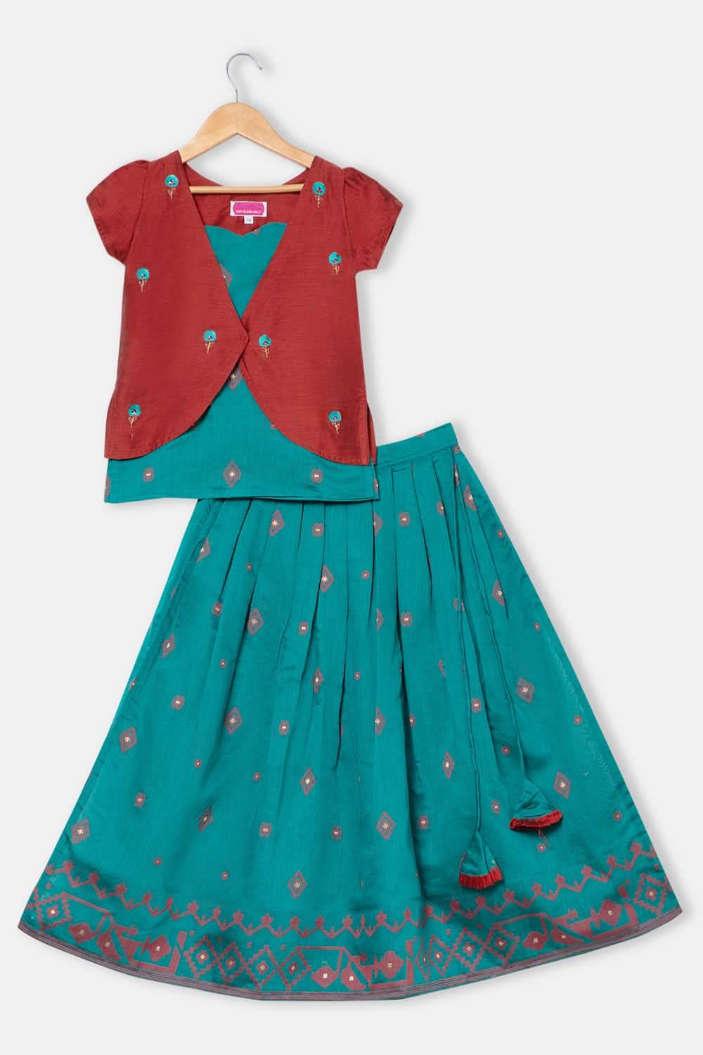Chittythalli Girls 3-Piece Pavadai Set Spaghetti Strap Inner Box Pleat Skirt Embroidered Overcoat - Orange - PS74 - Naidu Hall Family Store