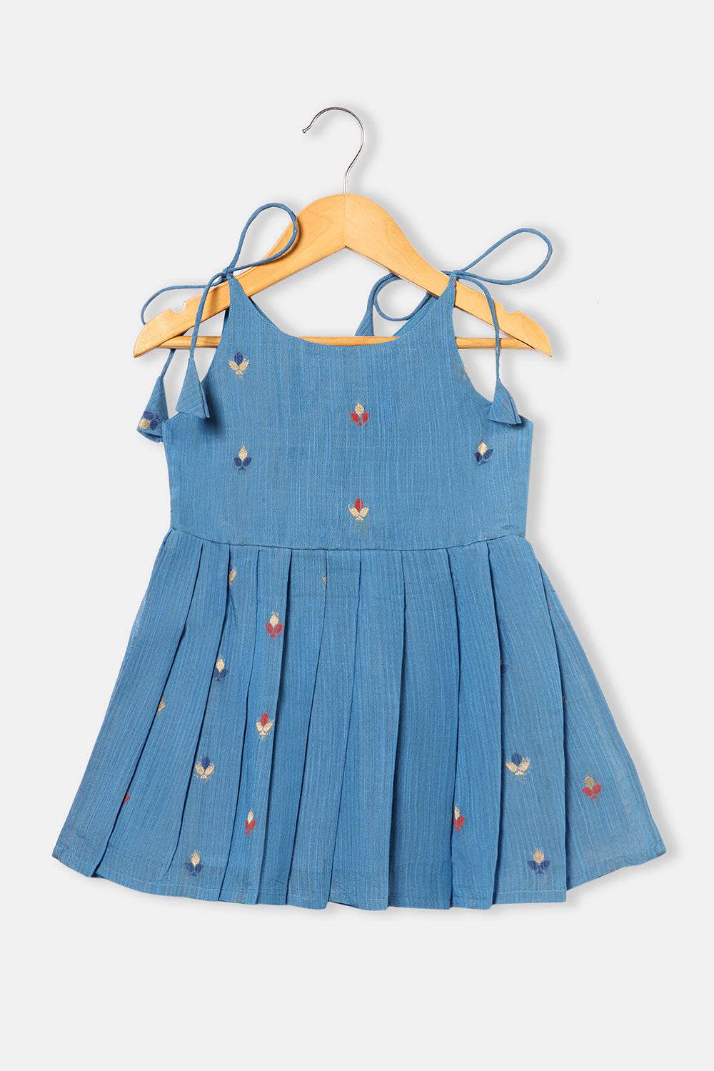 Chittythalli Girls’ Ethnic Frock – Angarkha Cut Top with Chain Stitch Embroidery & Knife Pleated Skirt - Blue - FR39 - Naidu Hall Family Store