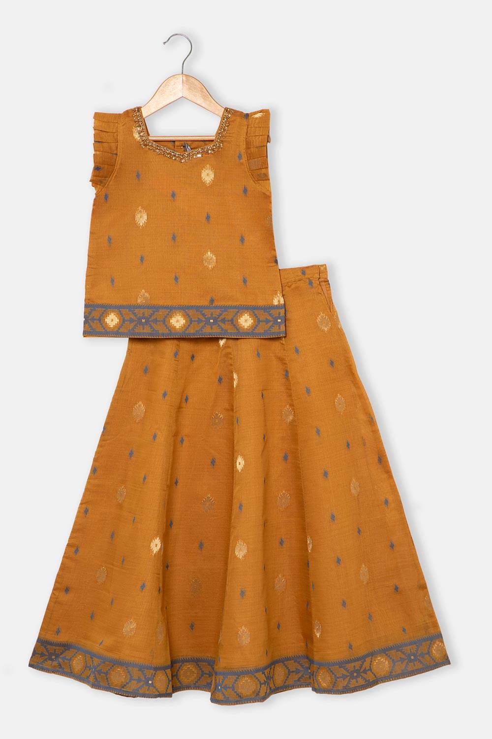 Chittythalli Traditional Girls Pavadai Set Three-Pointed Neck Blouse with Flared Skirt - Mustard - PS87 - Naidu Hall Family Store