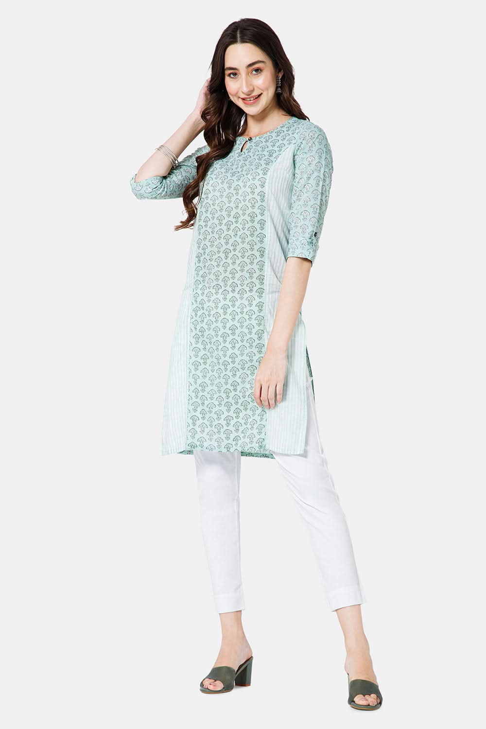 Mythri Women's Ethnic Wear Round Neck With Keyhole Opening in 3/4 sleeve with sleeve tab - Green - KU60