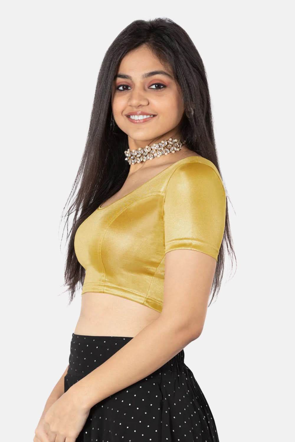 Naidu Hall Non-Padded Knitted Blouse With Round Neck Princess Cut Short Sleeve - Copper Shimmer - Naidu Hall Family Store